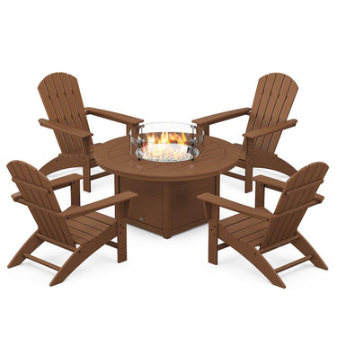 POLYWOOD Nautical 5-Piece Adirondack Chair Conversation Set w/ Fire Pit Table - Teak